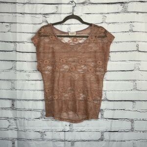 Crystal K Sheer Lace Short Sleeve Blouse Women’s Small Nude Floral Mesh Top Y2K